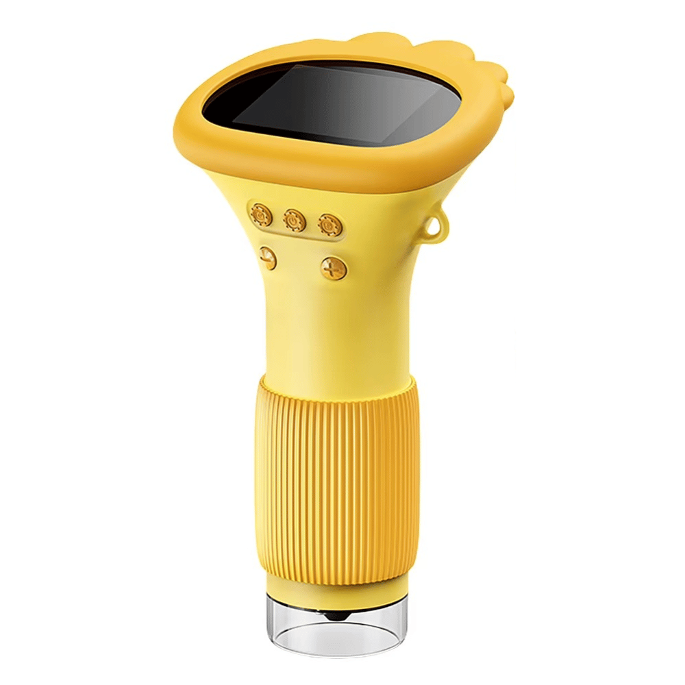 Yellow garden hose nozzle with solar panel on a white background