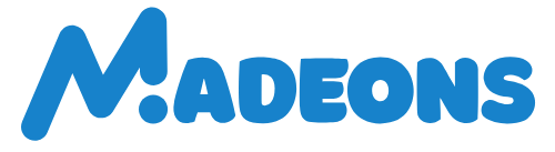 Blue 'MADEONS' logo on a green background