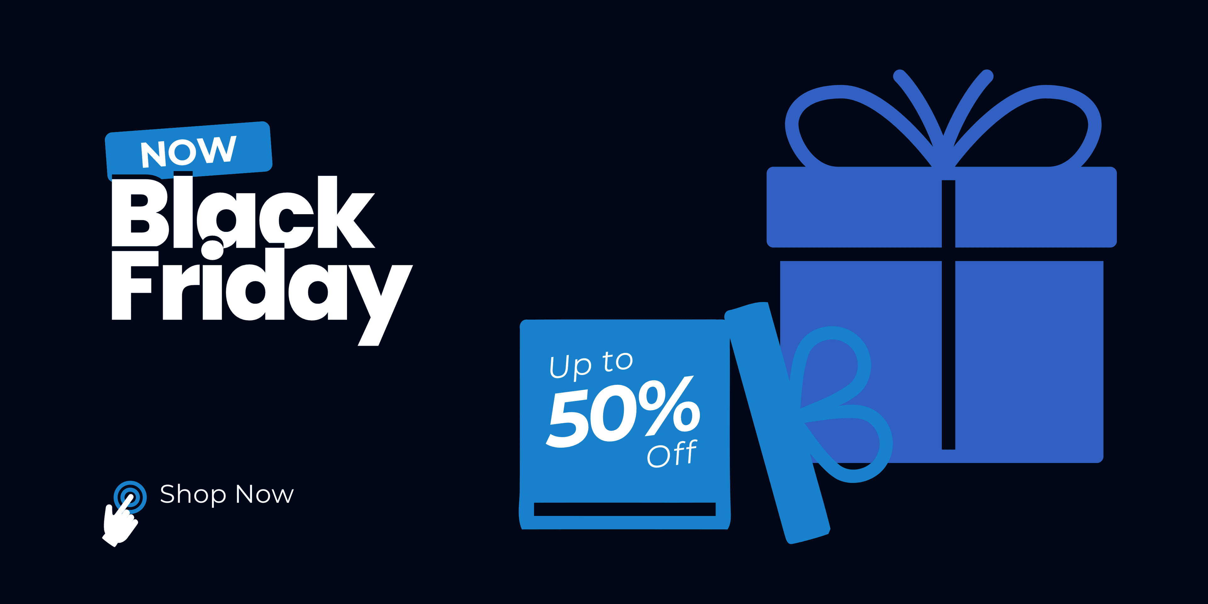 Black Friday sale advertisement with a blue gift box and discount banner on a black background