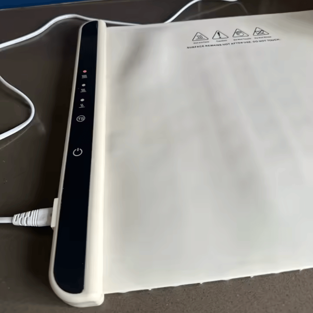 White electronic device with a power cable on a dark surface