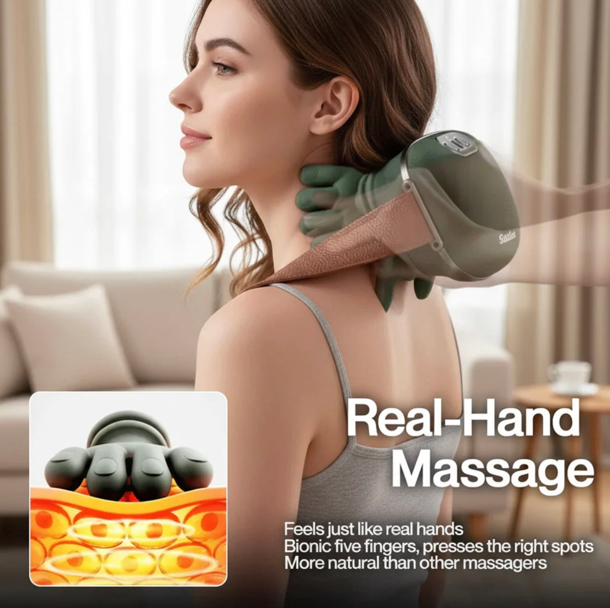 Woman receiving neck massage from a handheld massager with text highlighting 'Real-Hand Massage' feature.
