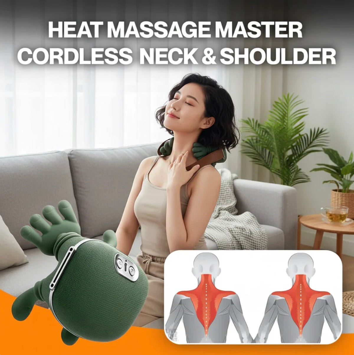 Woman using a cordless neck and shoulder massager in a living room setting with text 'Heat Massage Master Cordless Neck & Shoulder'.