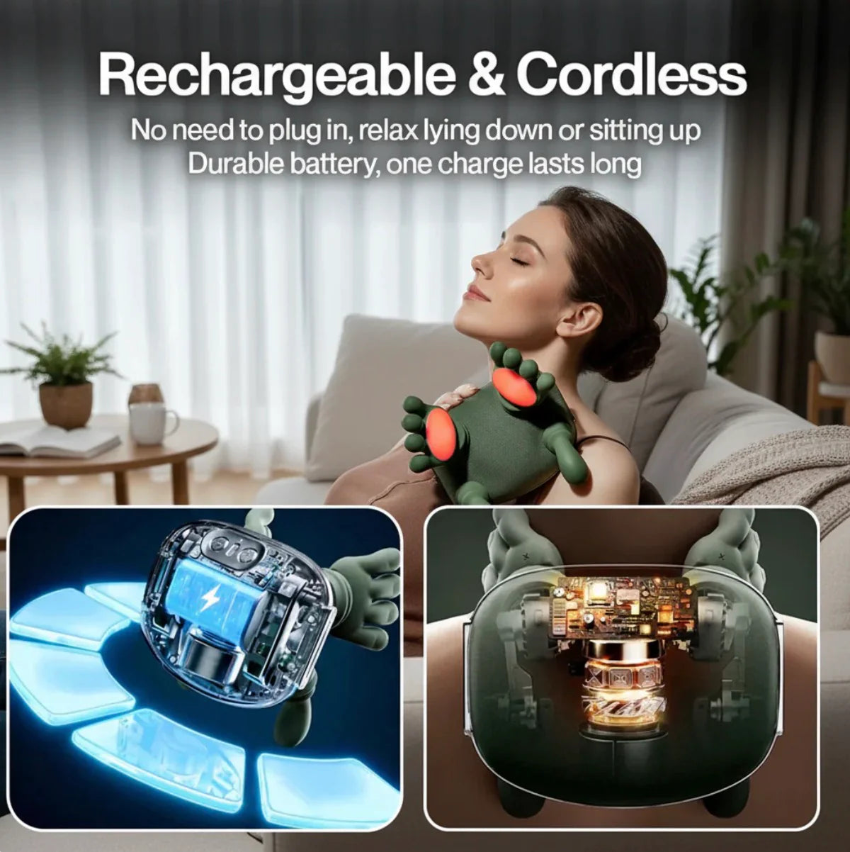 Woman using Handy Neck Massager with rechargeable cordless design and long-lasting 2000mAh battery
