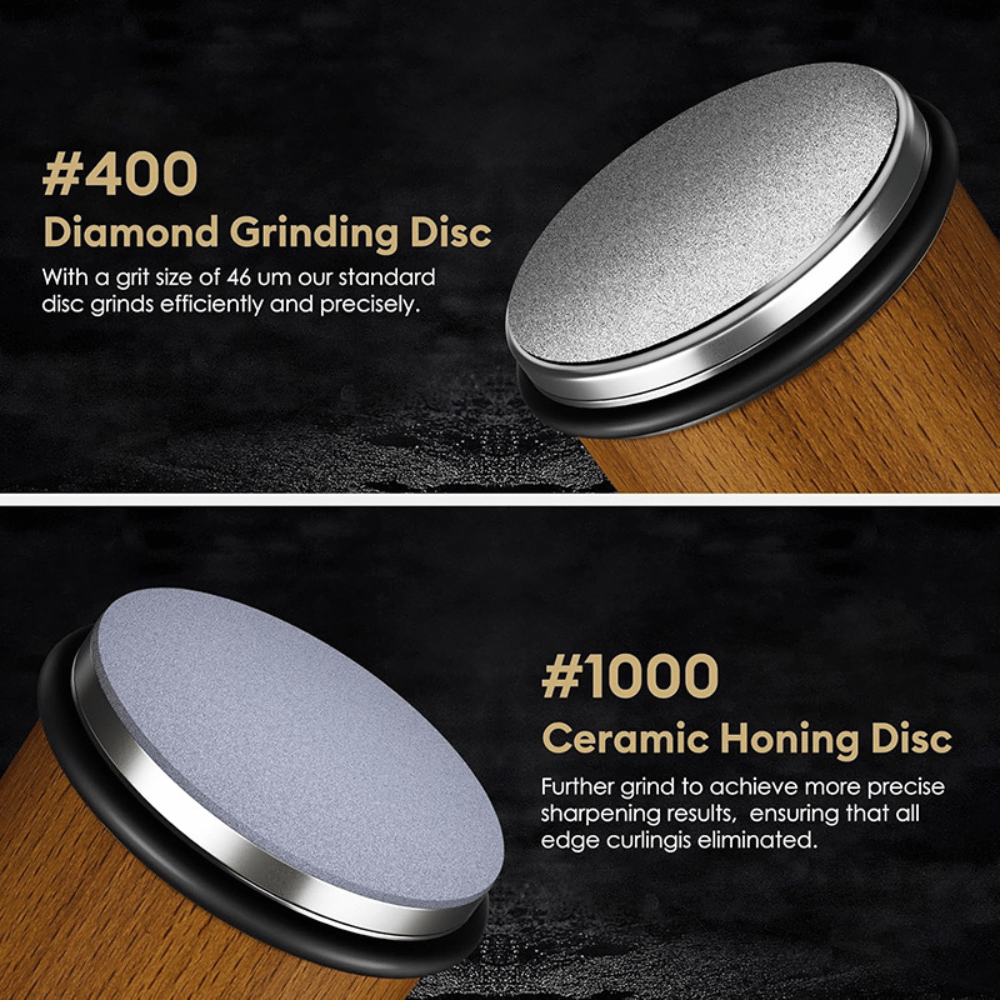 Diamond grinding disc and ceramic honing disc on a dark background