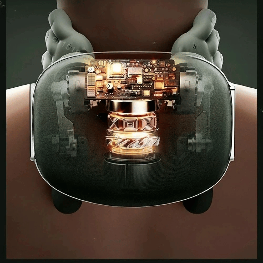 Close-up of a futuristic device with electronic components held by hands against a dark background