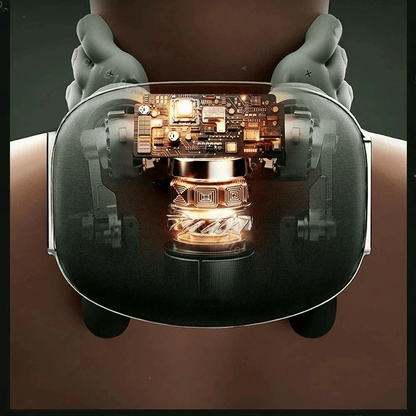 Close-up of a futuristic device with electronic components held by hands against a dark background