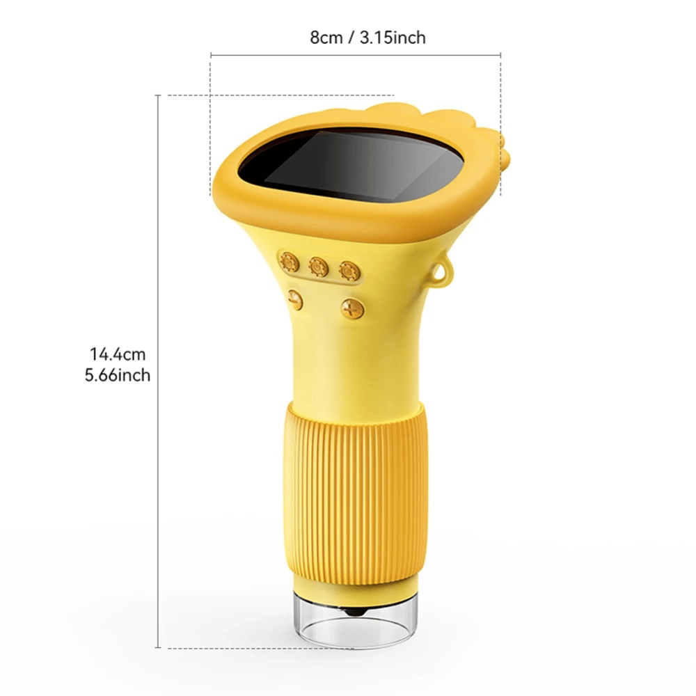 Yellow pepper grinder with dimensions labeled on a white background