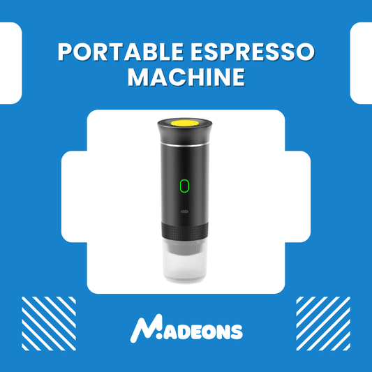Portable espresso machine with 'MADEONS' branding on a blue background