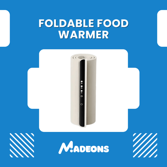 Foldable food warmer with 'MADEONS' branding on a blue background