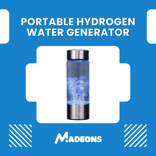 Portable hydrogen water generator with blue liquid on a blue background, featuring the brand 'MADEONS'.