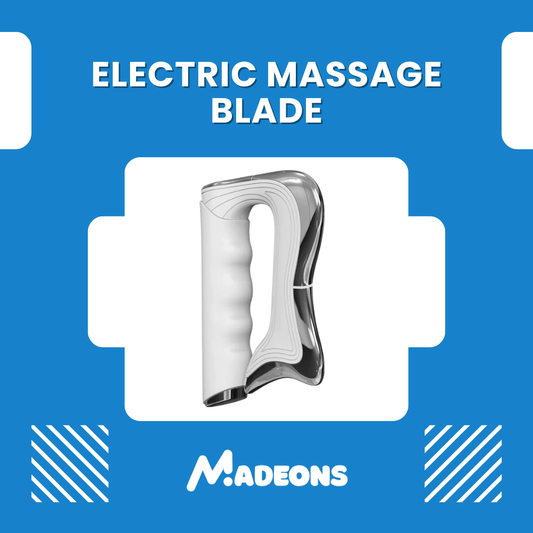 Electric massage blade with 'MADEONS' branding on a blue background
