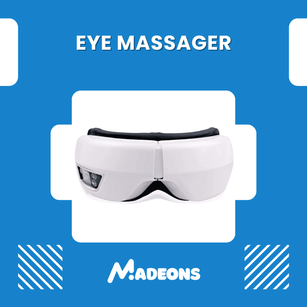 White eye massager with black straps on a blue background, featuring the brand 'MADEONS'.