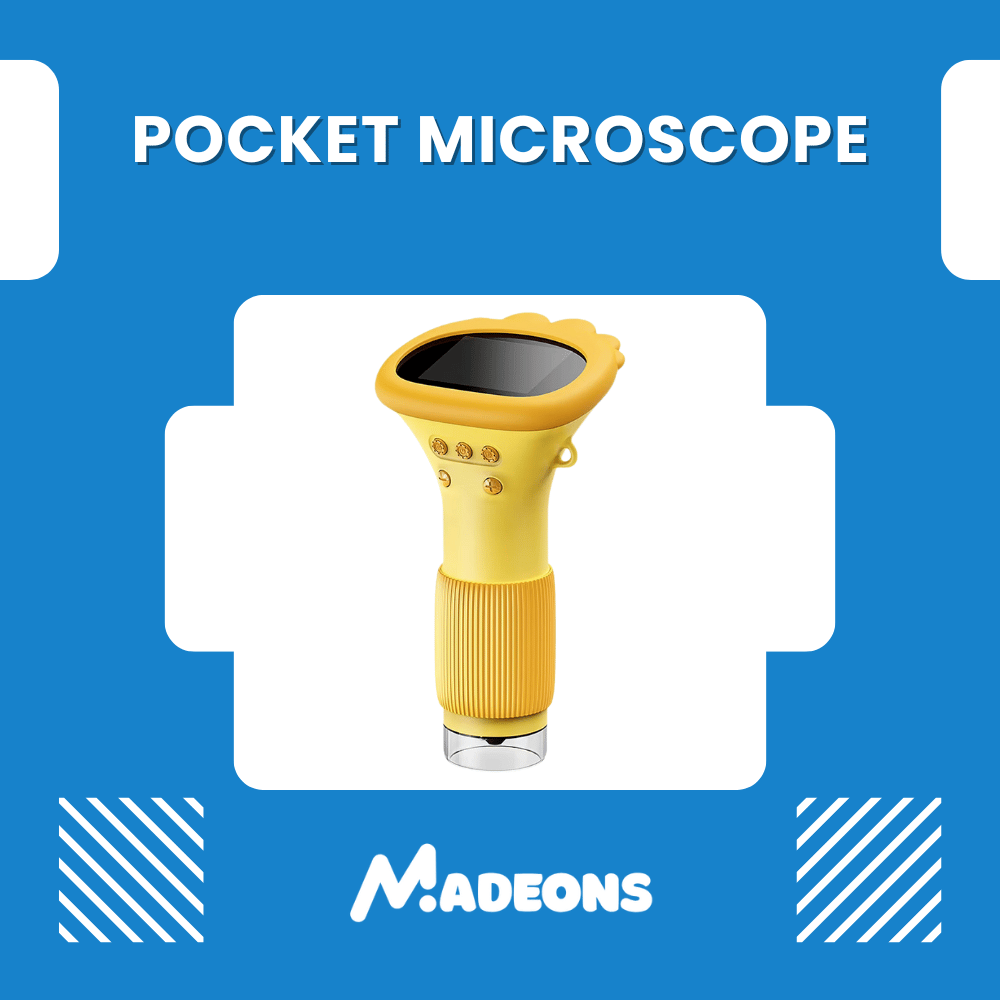 Yellow pocket microscope on a blue background with 'MADEONS' branding.