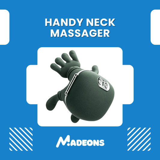Handy neck massager with 'Madeons' branding on a blue background