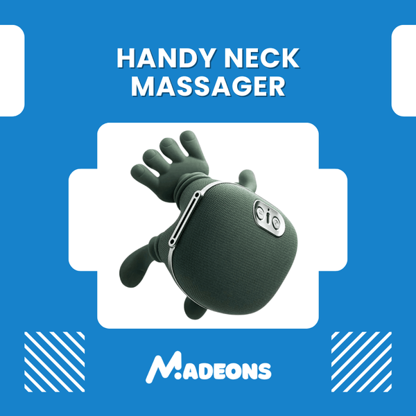 Handy neck massager with 'Madeons' branding on a blue background
