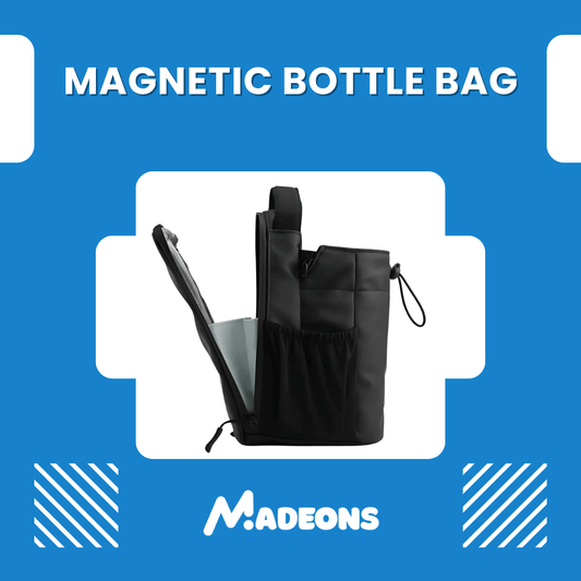 Black magnetic bottle bag with a blue background and 'MADEONS' branding.