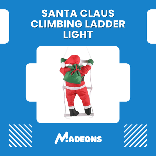 Decorative light shaped like Santa Claus climbing a ladder on a blue background with 'MADEONS' branding.