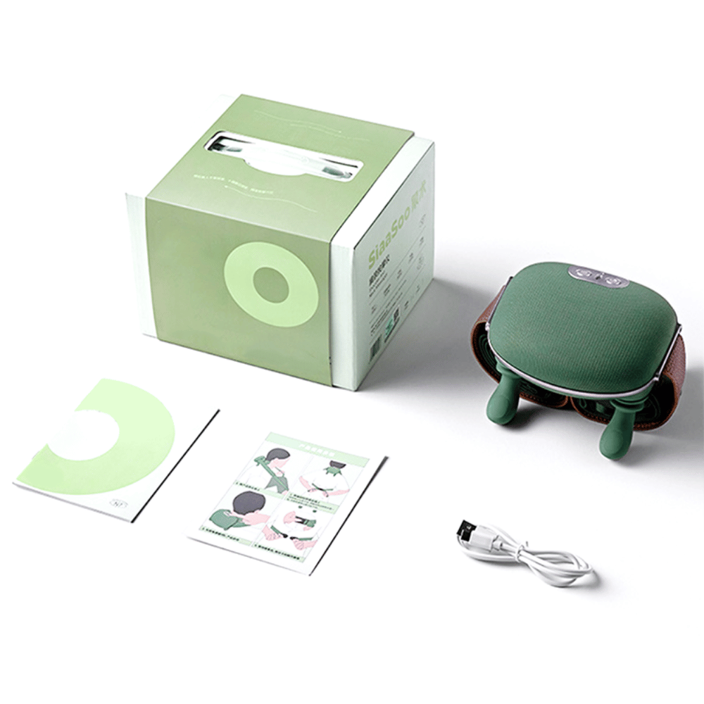 Green electronic device with packaging, user manual, and USB cable on a white background