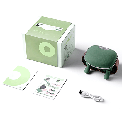 Green electronic device with packaging, user manual, and USB cable on a white background
