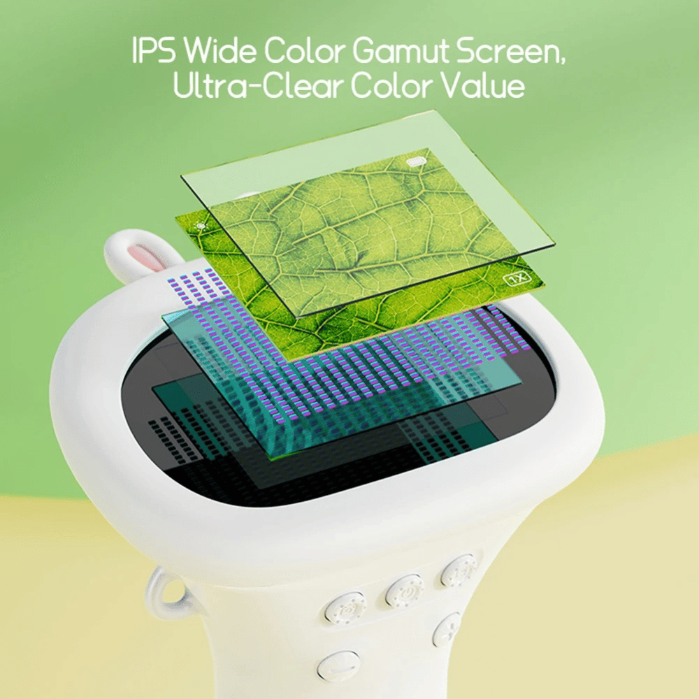 Display of a screen with green leaf texture and text about IPS wide color gamut and ultra-clear color value.